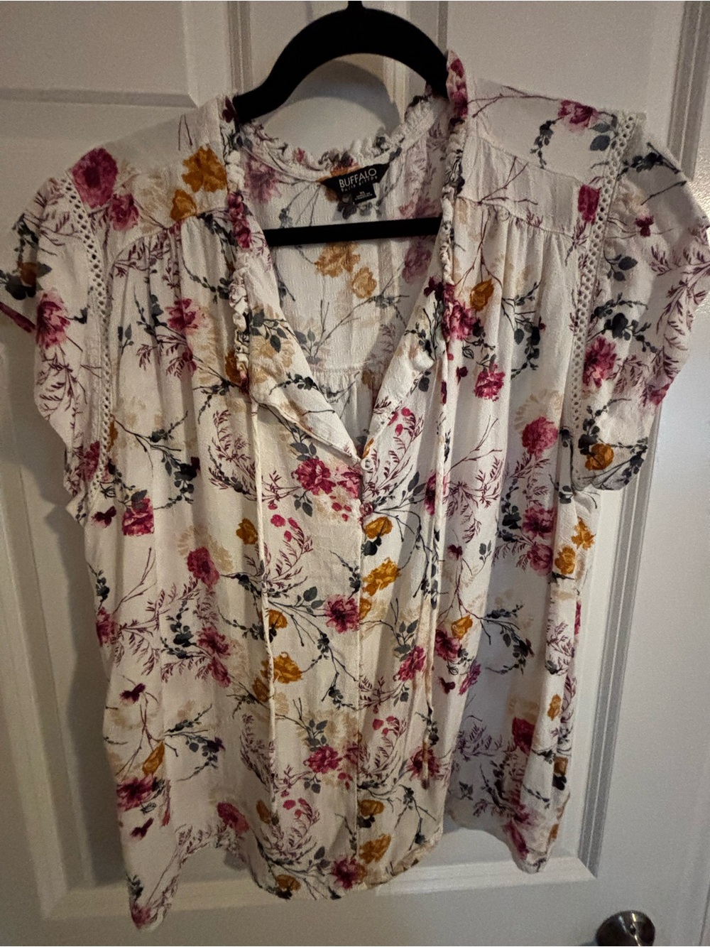 Buffalo David Bitton Cream Floral Button-Up Blouse with Pink & Mustard Blooms